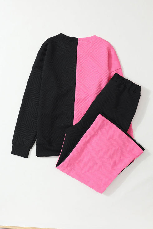 Multi-Color Contrast Color Block Textured Casual 2pcs Outfit